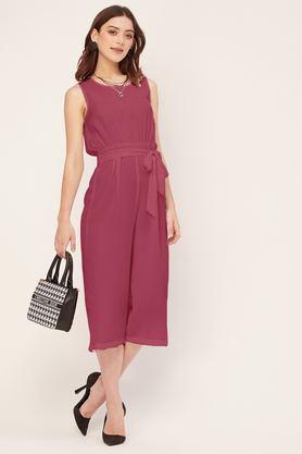 solid sleeveless georgette women's knee length jumpsuit - pink