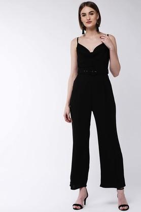 solid sleeveless polyester blend women's regular length jumpsuit - black