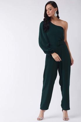solid sleeveless polyester blend women's regular length jumpsuit - green