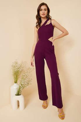 solid sleeveless polyester stretch women's full length jumpsuit - purple