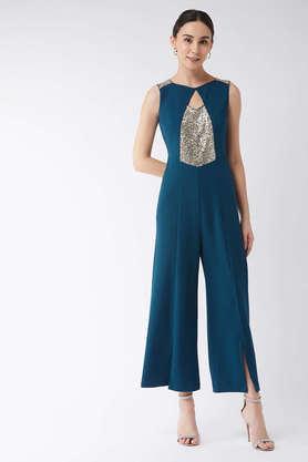 solid sleeveless polyester women's ankle length jumpsuit - blue