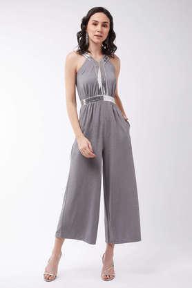 solid sleeveless polyester women's ankle length jumpsuit - grey