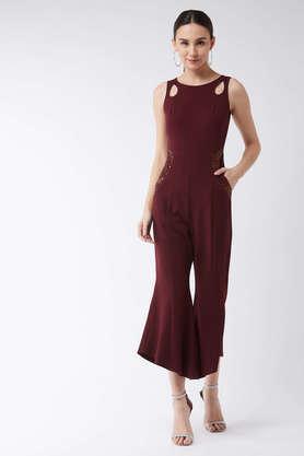 solid sleeveless polyester women's ankle length jumpsuit - wine