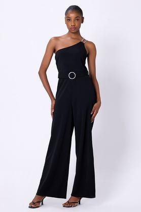 solid sleeveless polyester women's full length jumpsuit - black