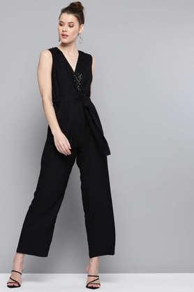 solid sleeveless polyester women's full length jumpsuit - black