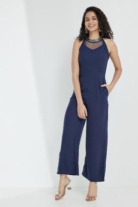 solid sleeveless polyester women's full length jumpsuit - navy