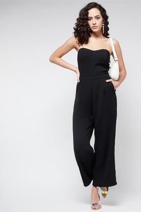 solid sleeveless polyester women's jumpsuit - black