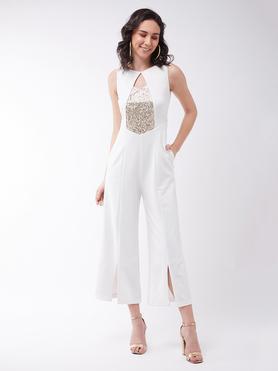 solid sleeveless polyester women's knee length jumpsuit - off white