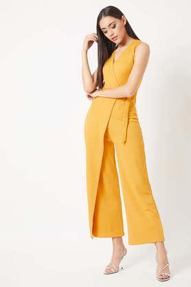 solid sleeveless polyester women's regular jumpsuit - yellow