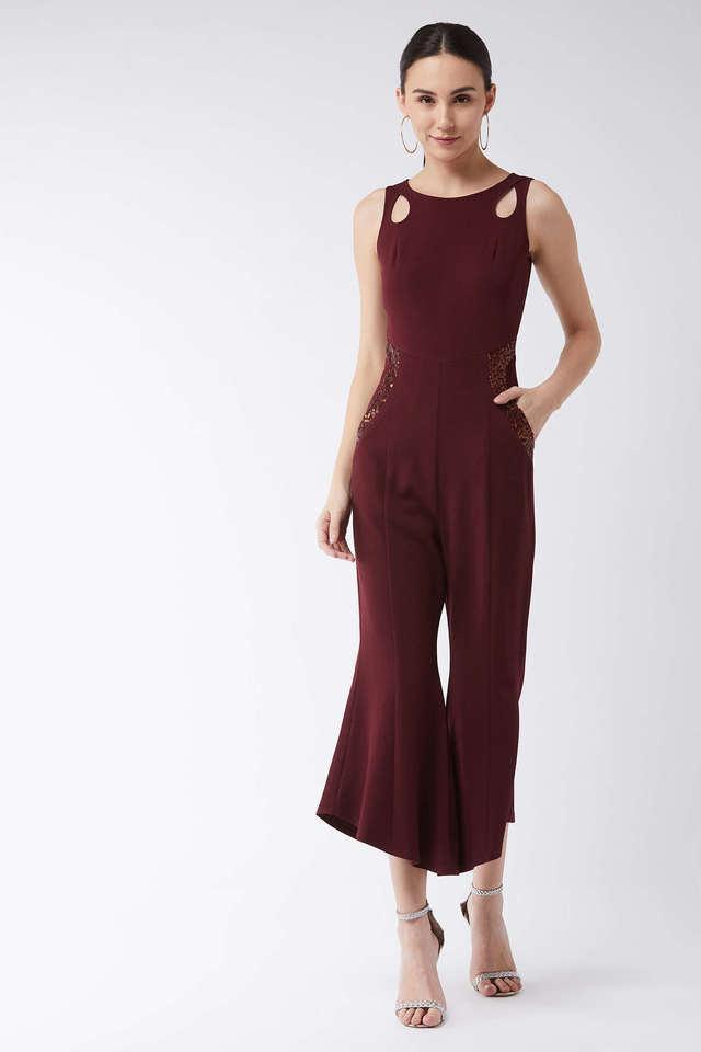 solid sleeveless polyester womens ankle length jumpsuit