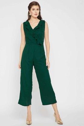 solid sleeveless polyester womens calf length jumpsuits - green