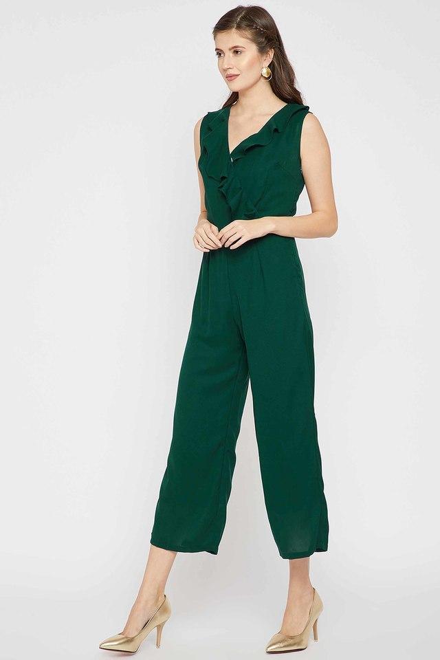 solid sleeveless polyester womens calf length jumpsuits