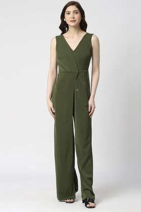 solid sleeveless viscose women's full length jumpsuit - olive