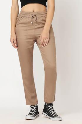 solid slim fit blended fabric women's casual wear trouser - dusty rose