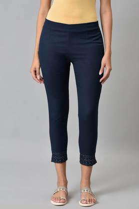 solid slim fit blended fabric women's festive wear pant - blue