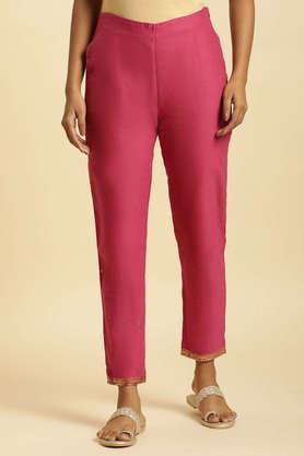 solid slim fit blended fabric women's festive wear pant - pink