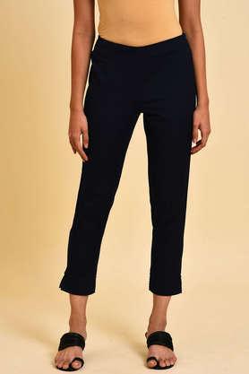 solid slim fit cotton blend women's casual wear pant - blue