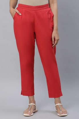 solid slim fit cotton blend women's casual wear pant - red