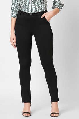 solid slim fit cotton blend women's casual wear trousers - black