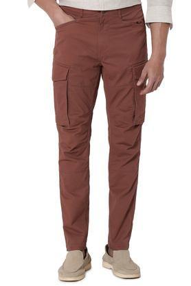 solid slim fit cotton men's casual wear trousers - brown