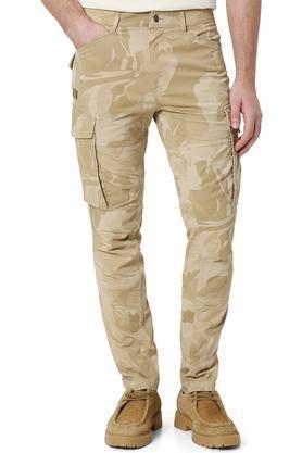solid slim fit cotton men's casual wear trousers - natural