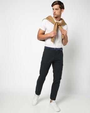 solid slim fit cotton stretch cargo trousers