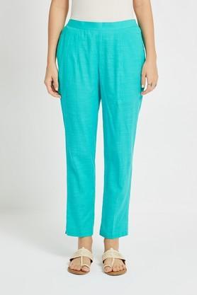 solid slim fit cotton women's casual wear pants - blue mix light