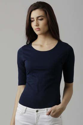 solid slim fit cotton women's casual wear top - navy