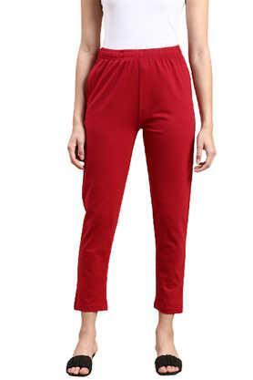 solid slim fit cotton women's casual wear trouser - dark_red