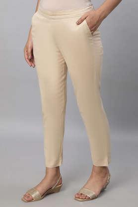 solid slim fit cotton women's casual wear trouser - natural