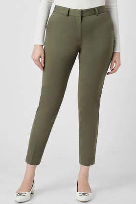 solid slim fit cotton women's casual wear trousers - khaki