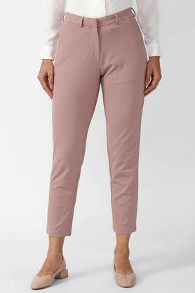 solid slim fit cotton women's formal wear trousers - pink
