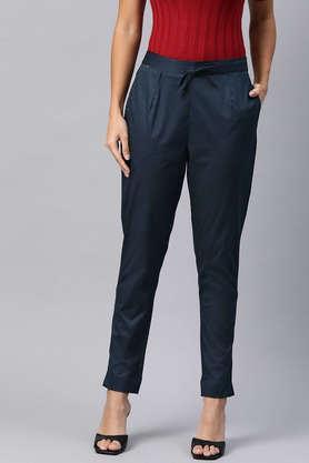 solid slim fit lycra women's casual wear trousers - navy