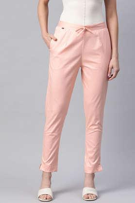 solid slim fit lycra women's casual wear trousers - pink