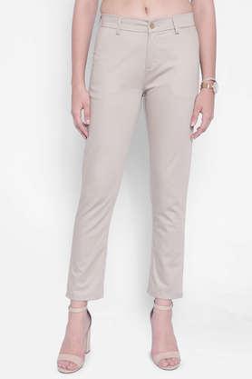 solid slim fit poly cotton women's casual wear pant - natural