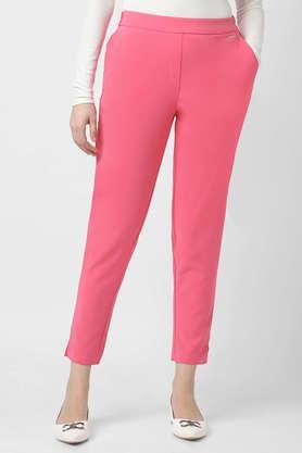 solid slim fit polyester women's casual wear pants - pink