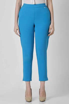 solid slim fit polyester women's casual wear pants - turquoise