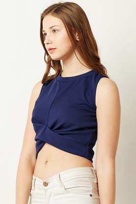 solid slim fit polyester women's casual wear top - navy