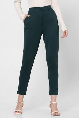 solid slim fit polyester women's formal wear pant - green