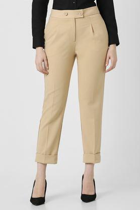 solid slim fit polyester women's formal wear trousers - tan