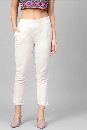 solid slim fit rayon blend women's casual wear pants - cream