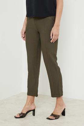 solid slim fit viscose women's casual wear pants - natural