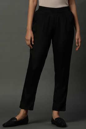 solid slim fit viscose women's casual wear trousers - black