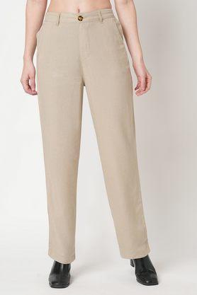 solid slim fit viscose women's casual wear trousers - cream