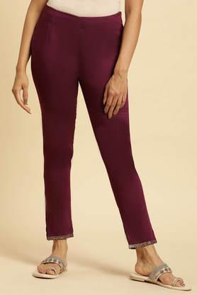 solid slim fit viscose women's festive wear pant - purple