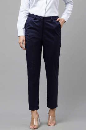 solid slim fit viscose women's formal wear trouser - navy