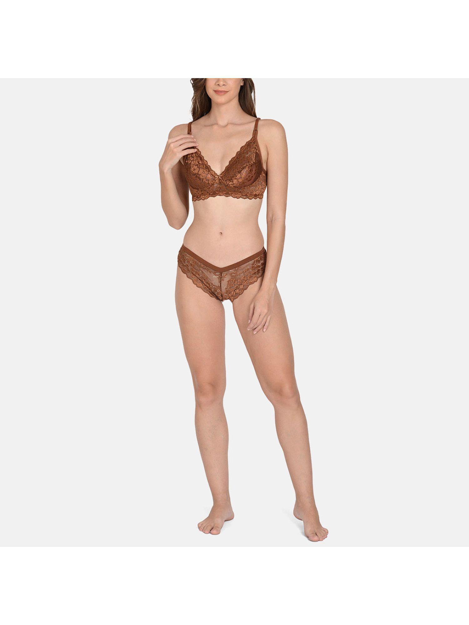 solid soft net lingerie set brown