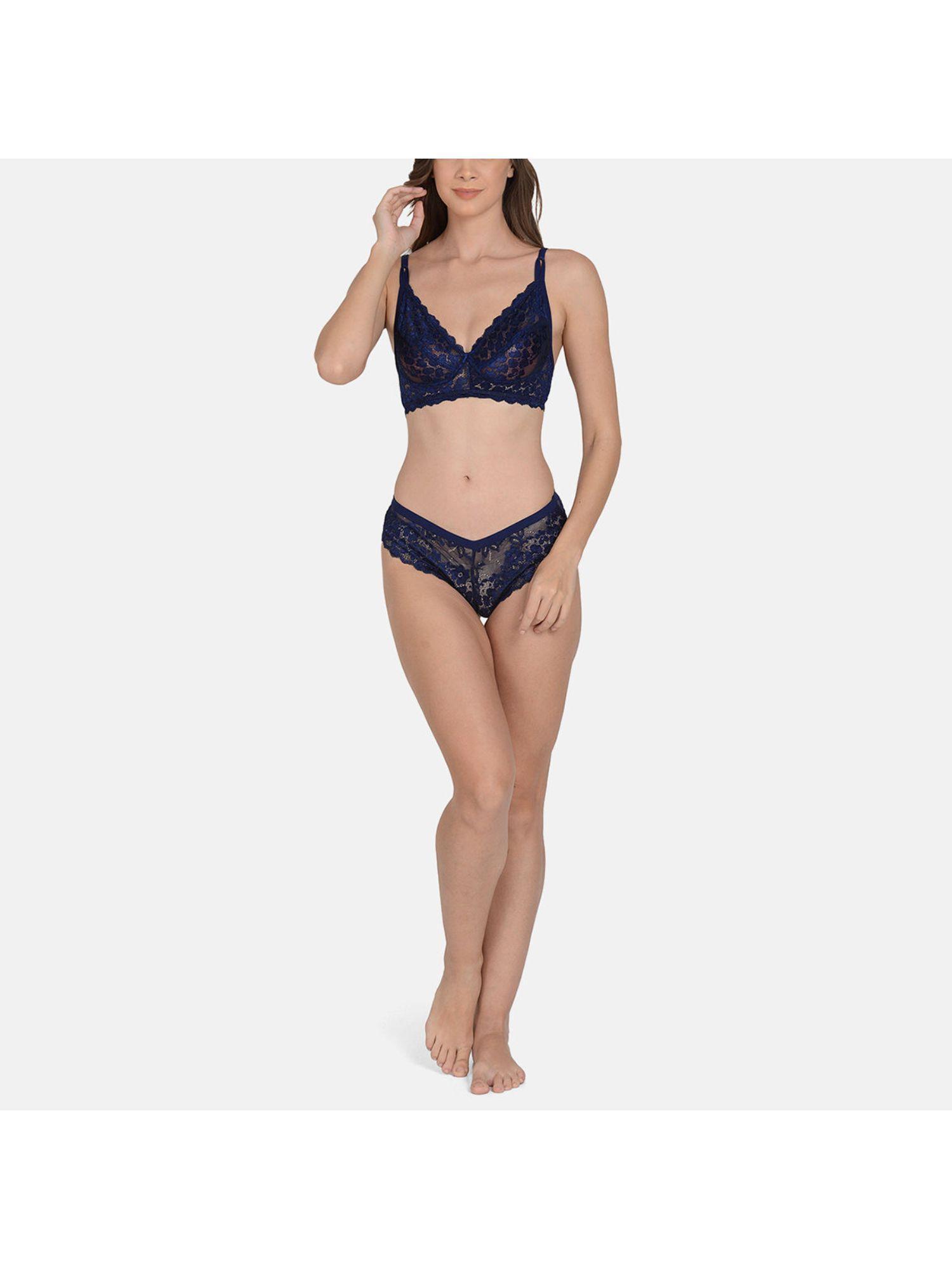 solid soft net lingerie set navy blue