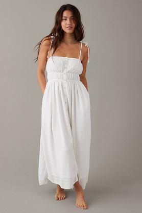 solid square neck cotton women's calf length dress - white