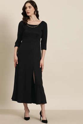 solid square neck cotton women's dress - black